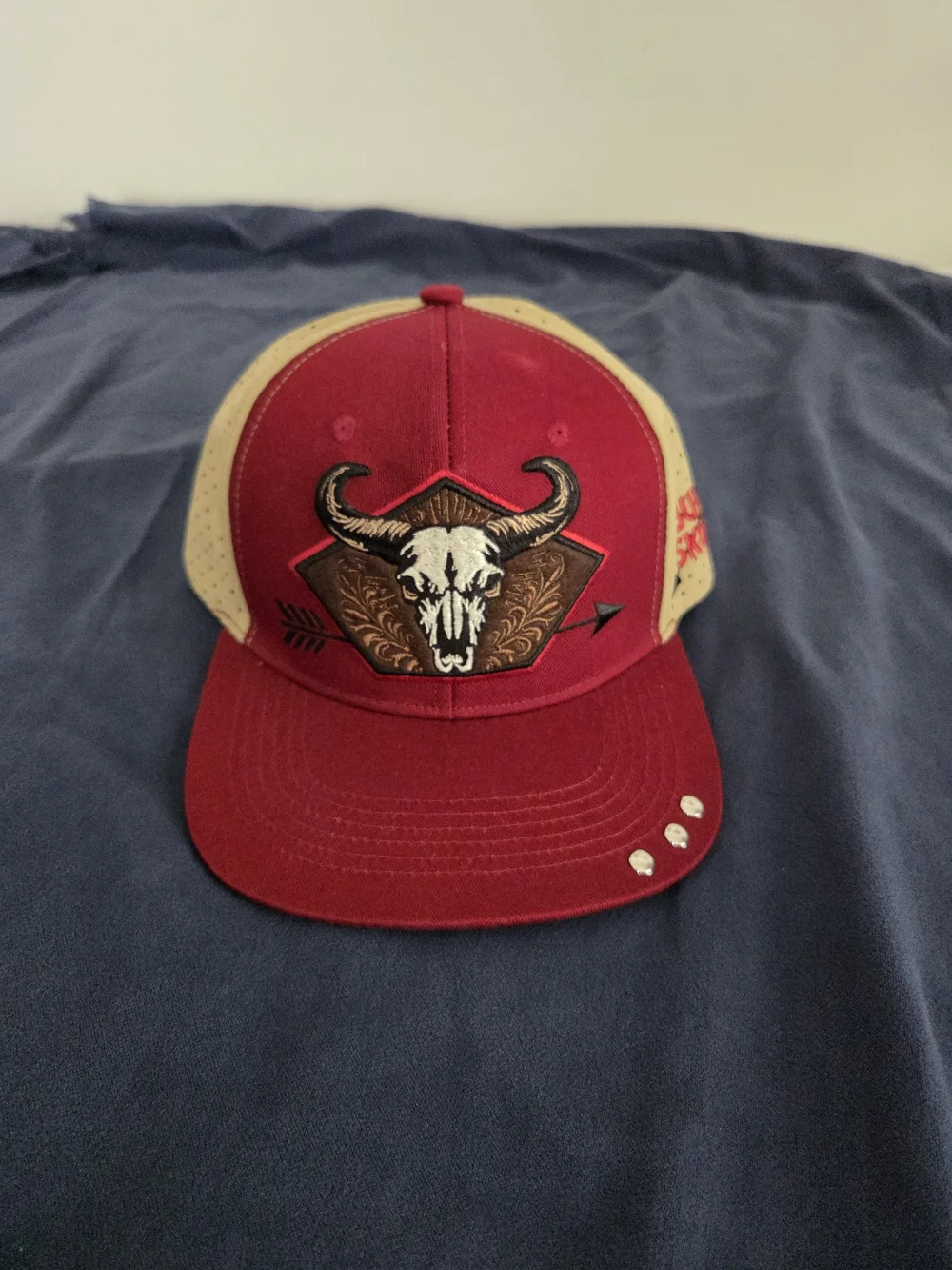 Men's Western Red and Tan Trucker Cap with Bull Skull Patch